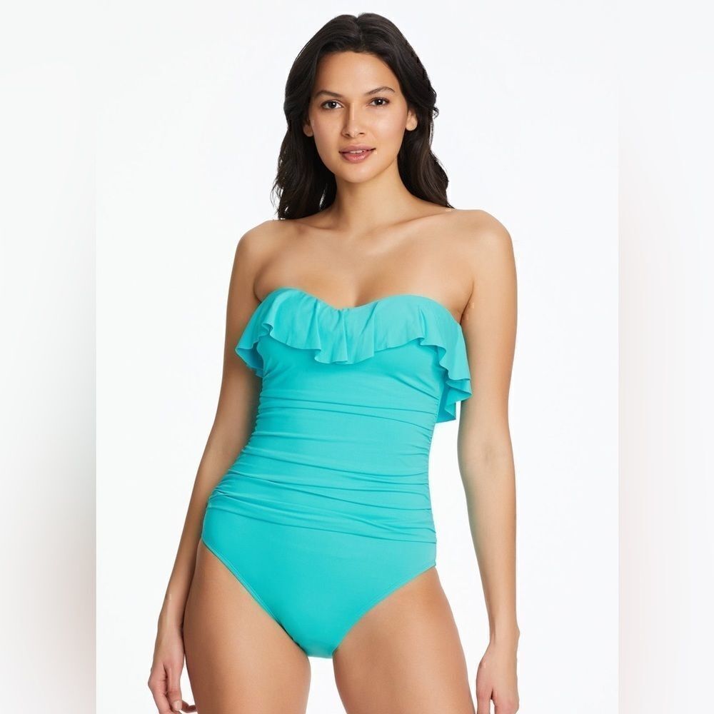 Bleu by Rod Beattie Shirred Ruffle Bandeau Mio One-Piece Swimsuit Wave runner 10